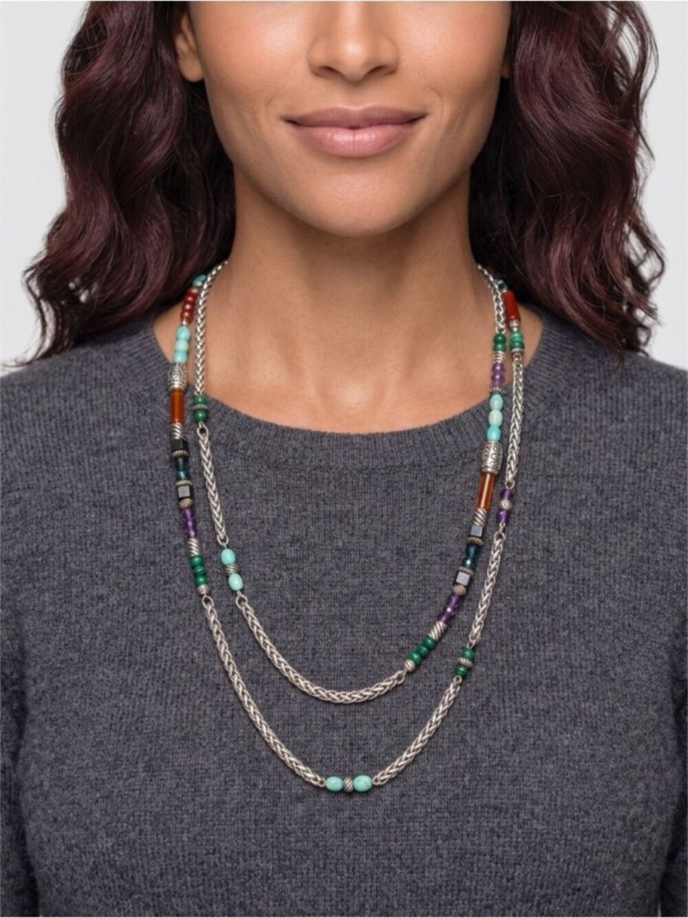 Brighton Arizona Beaded Heart Multi Color Stones Silver Long Necklace
